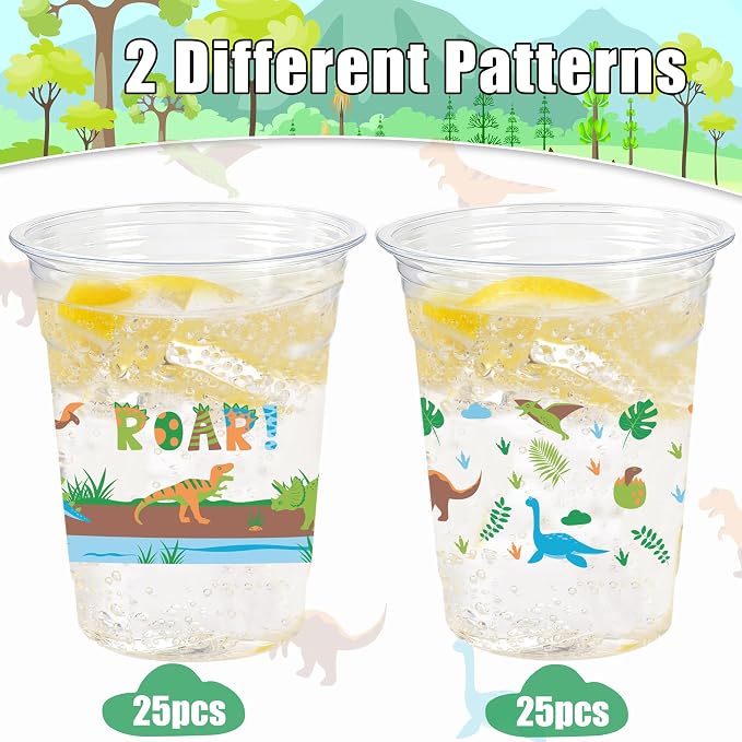 50 Pcs Dinosaur Cups, 12oz Dinosaur Plastic Clear Disposable Drinking Cups Dino Theme Tumbler for Dino Birthday Party Supplies Decorations