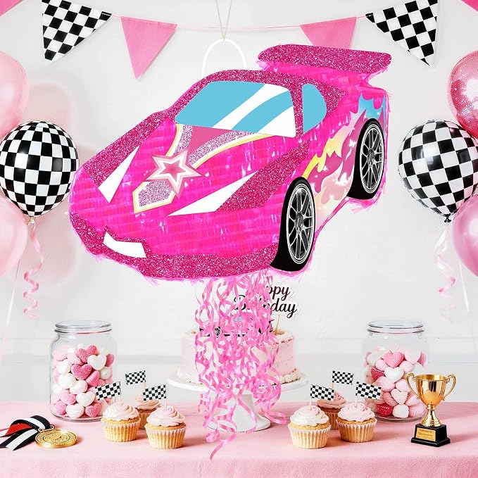 WERNNSAI Pink Racing Car Piñata for Girls - Princess Dollhouse Party Supplies Piñata Bundle with Blindfold and Bat for Kids Racing Car Theme Birthday Party Game Decorations (12.4" x 16.5" x 2.9")