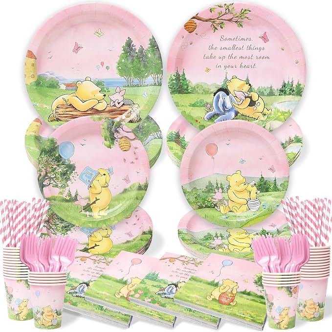 144Pcs Pink Winnie Bear Baby Shower Plates and Napkins Tableware Set, Plates Napkins Cups Straws and Forks Sets, Winnie Baby Shower Decorations Birthday Party Supplies, Serves 24 Guests
