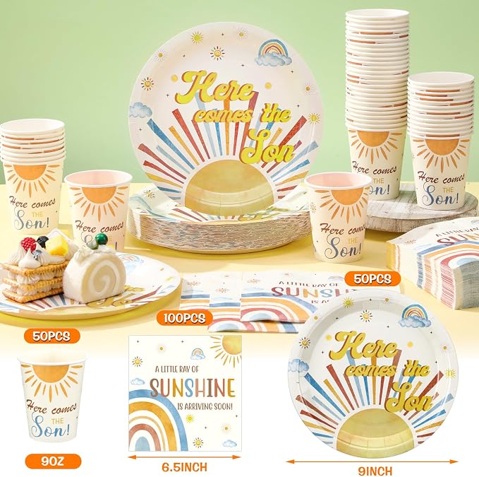 Hushee 200 Pcs Here Comes The Son Baby Shower Paper Plates Napkins Cups Baby Shower Party Supplies Boho Theme Sun Tableware Set Disposable Cup Napkin for 50 Guest Party Decoration