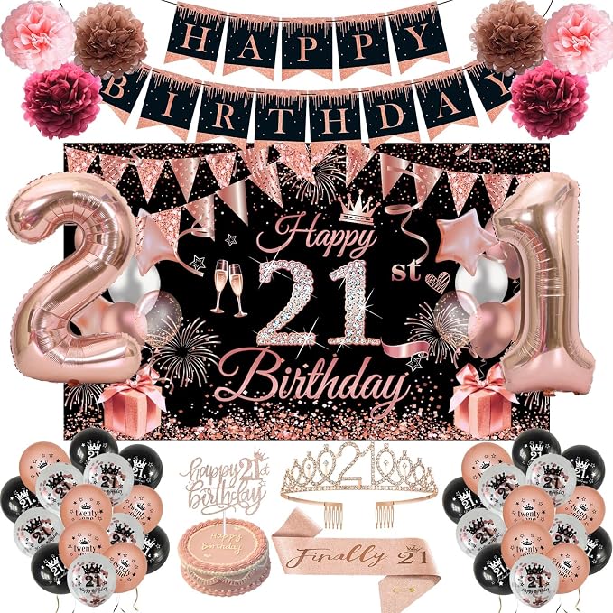 Happy 21st Birthday Decorations for Her, Black Rose Gold 21 Years Old Decor for Women Include Sash and Crown, 30pcs Balloons Banner 40" Number Balloons, Backdrop Cake Topper & Paper Pom Poms