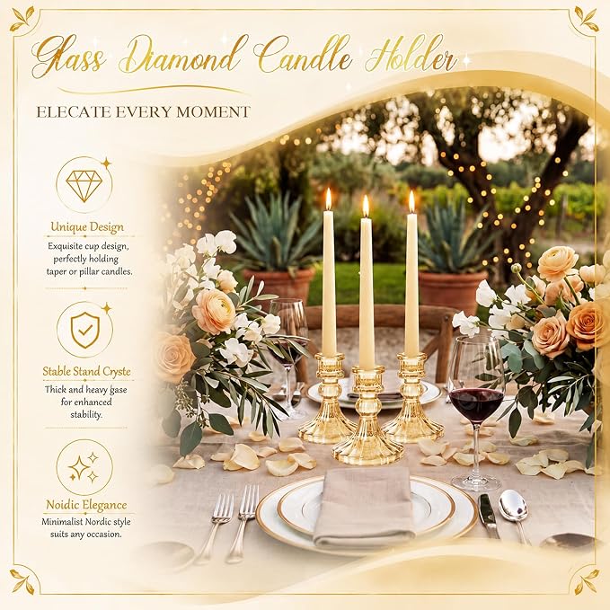 Sieral 24 Pcs Gold Taper Candle Holders 4'' Tall Candlestick Glass Holders Bulk Stripe Decorative Stand Wedding Stick Holder for Anniversary Party Dining Table Festival Decor
