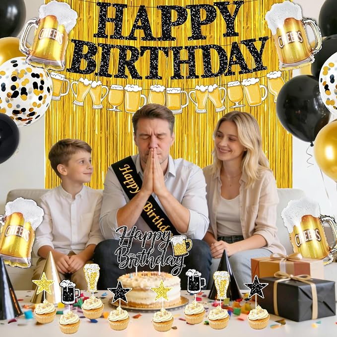 Black and Gold Birthday Decorations, 45PCS Happy Birthday Balloons Decorations for Men with Balloons Banner Sash Foil Fringe Curtain, Black and Gold Party Balloon Decoration Supplies for Men Boys