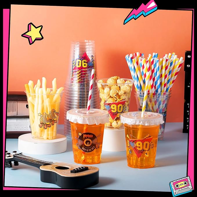 FoldTier 50 Pcs 90s Theme Party Decoration 90s Cups Disposable Plastic Cup 12 oz Go Back to Mug Thick Clear Mug with Lid Straw for Retro Music Supplies Dance Birthday Party