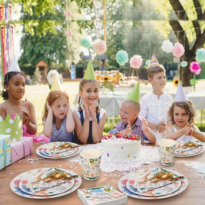Newtay 350 Pcs/ 50 Sets Safari Animals Supplies Include Paper Plates, Napkins, Cups and Knife, Spoon, Fork Disposable Tableware Set for Safari Jungle Theme Birthday Decorations
