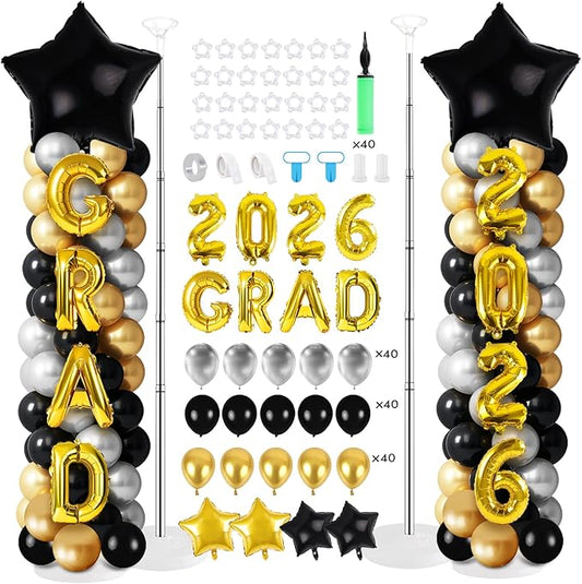 2 Sets Graduation Balloon Column Stand Kits with Balloons 2026 Grad Themed Decoration Navy Blue Balloon Tower Stand Kit for Grad High School & College Celebration Party Decor (Black Gold, 2)