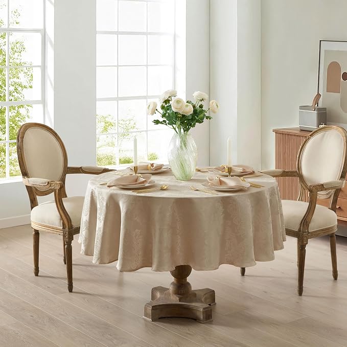 Newbridge Barcelona Luxury Damask Fabric Tablecloth, 90” Round, Golden Beige, 100% Polyester, No Iron, Soil Resistant Dining Room, Party and Banquet Table Cover