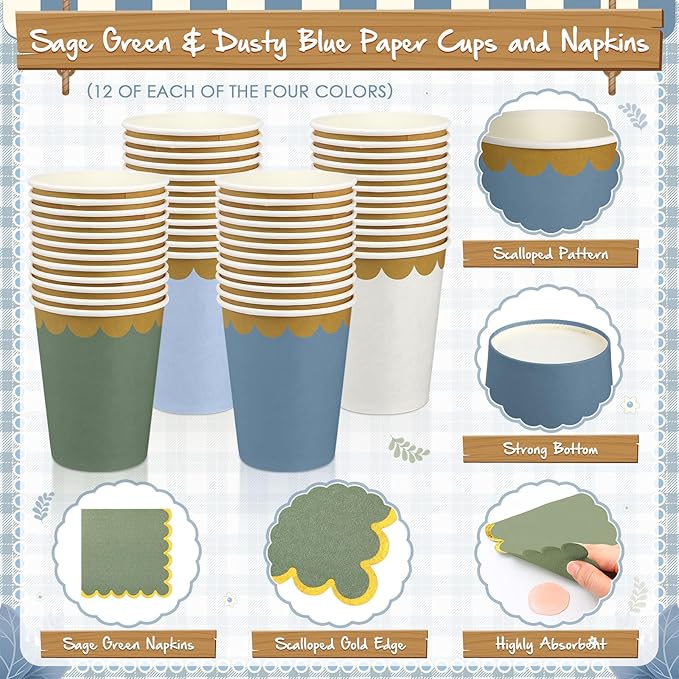 Mimorou 338 Pcs Blue and Sage Green Plates and Napkins Party Supplies for Guests Dusty Blue Tableware Include Scalloped Plates Paper Napkin Cup Spoon Fork Knife for Baby Shower, Wedding, Birthday