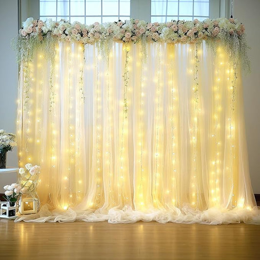 Champagne Sheer Tulle Backdrop Curtains with Lights String for Party Wedding Wrinkle Free Curtain Backdrops Drapes for Baby Shower Birthday Party Photo Back Drop Background Home Decorations 10ft x 8ft
