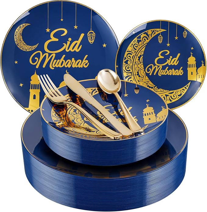 Nervure 125PCS Ramadan Plastic Plates - Eid Mubarak Plates - Blue Gold Plates Include 50 Plates 25 Spoons 25 Forks 25 Knives for Ramadan Mubarak Table Decorations Eid Al-fitr Party Favors