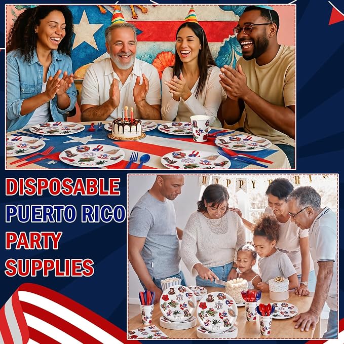 FoldTier 350 Pcs Puerto Rico Party Supplies Disposable Paper Plates Napkins Cups Puerto Rico Theme Birthday Party Decorations Tableware Flag Frog for Holiday Festival Family Friends Serve 50 Guests