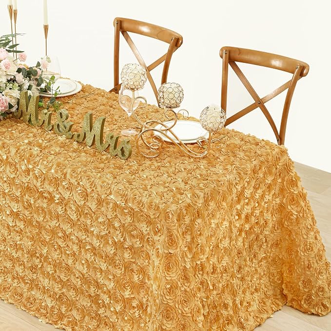 Fanqisi Gold Rosette Table Cloth 90x156 Inches Rectangle Satin Tablecloth Party Table Cover for Party Banquet Birthday Table Wedding Decoration