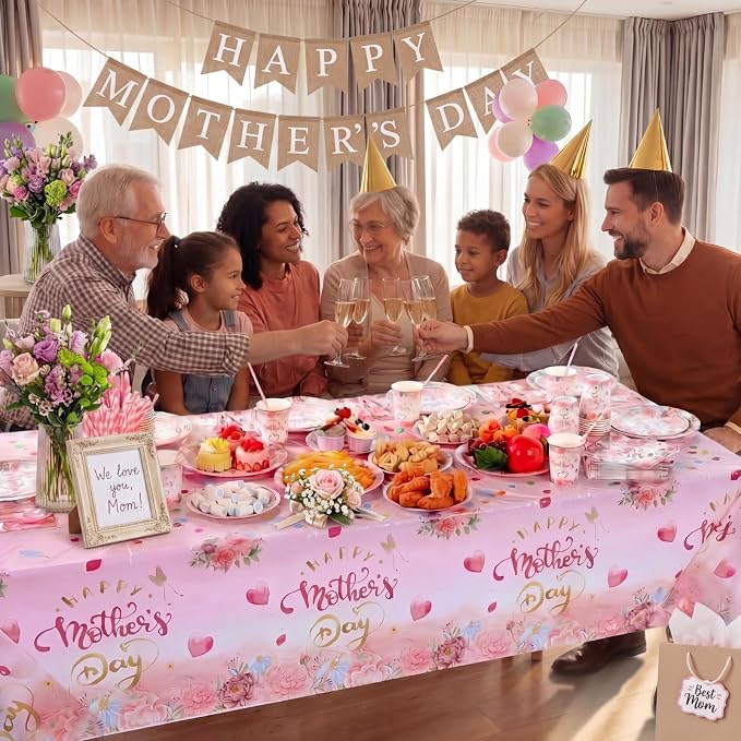 LemonRoad 452 Pcs Mother's Day Decoration for 50 Guests, Pink Gold Floral Happy Mother's Day Paper Plates Napkins Cups Tablecloth Cutlery Straws Disposable Tableware for Best Mom Ever Party Supplies