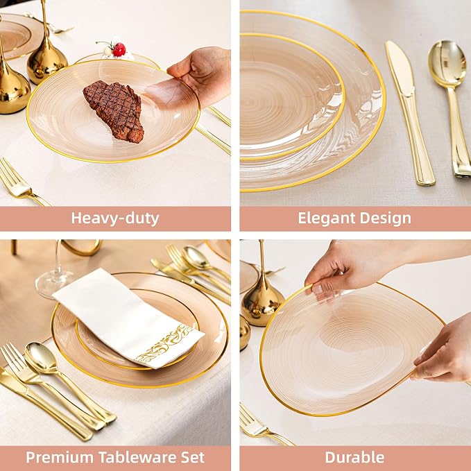 N9R 180PCS Mocha Mousse Plastic Plates with Gold Trim, Disposable Party Dinnerware Set for 30 Guests, Include 30 Dinner & Salad Plates, Napkins, Forks, Spoons and Knives