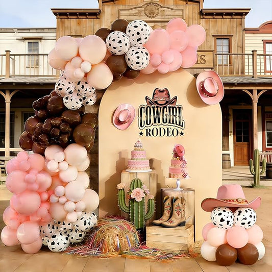 Cow Print Balloons Arch Kit - Pink Cowgirl Balloons Birthday Party Decorations with Light Pink Cow Brown Double Stuffed Peach Balloon for Western Farm Cowboy Cowgirl Baby Shower Birthday Rodeo Theme