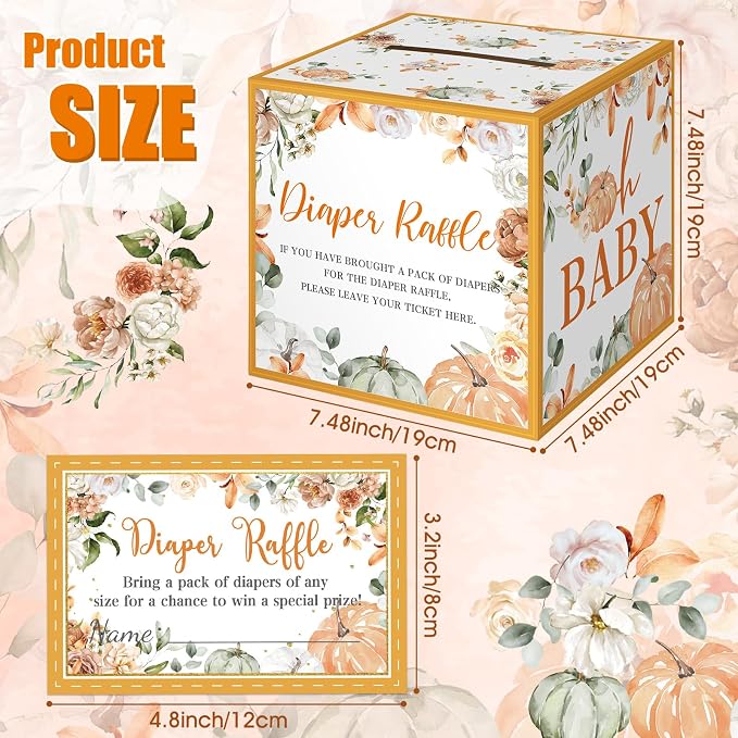 Teling 51 Pieces Diaper Raffle Tickets with Card Box Baby Shower Decorations Gender Reveal Holder Box for Girl Boy Diaper Raffle Party(Little Pumpkin)