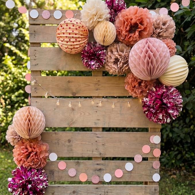 PapaKit 16pc Dusty Rose & Rose Gold Party Decorations - Premium Tissue Paper Pom Poms, Honeycomb Balls & Accordion Lanterns - Elegant Backdrop for Weddings, Bridal Showers, Baby Showers & Birthdays