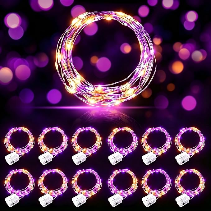 AIKEI 12 Pack Halloween Fairy Lights Battery Operated, Orange and Purple Mini String Lights Waterproof 7ft 20 Led Firefly Starry Lights 3 Lighting Modes for Party Bedroom Garden Halloween Decoration