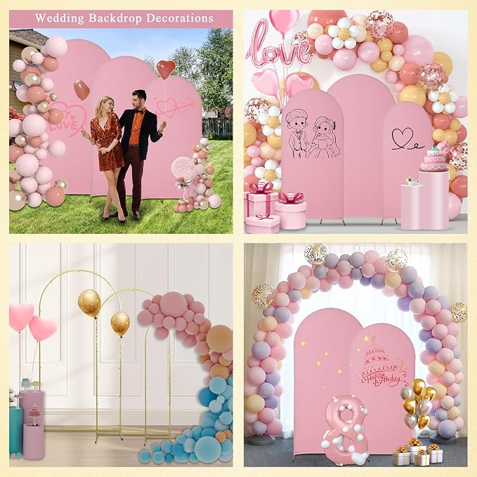 Gawicpy Wedding Arch Backdrop Stand Set Metal Arch Backdrop Stand with Wedding Arch Cover, Wedding Balloon Arch Backdrop Stand for Birthday, Baby Shower, Anniversary (Pink, 5.9FT+6.6FT+7.2FT)