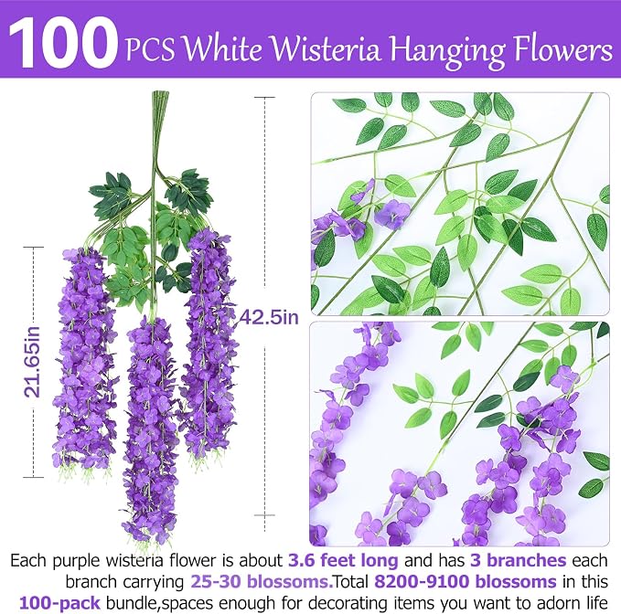 100 Pack Purple Wisteria Hanging Flowers,Fake Hanging Wisteria Flowers Garland for Decoration (3.6 Ft/Pcs)