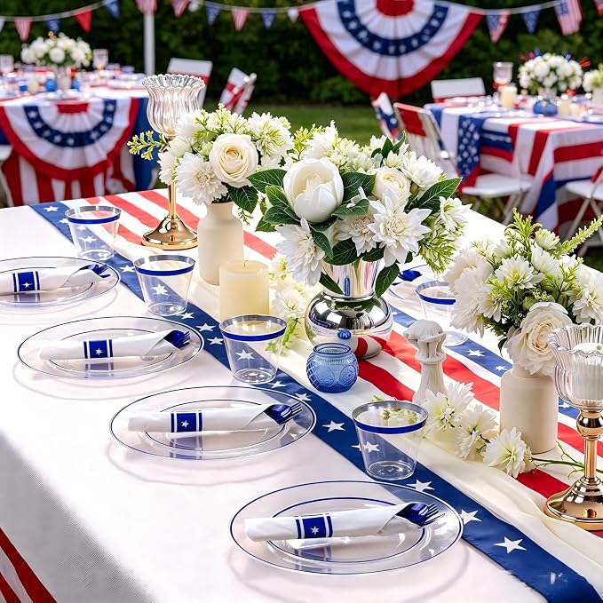 SUT 350 Pcs Blue and Clear Plastic Dinnerware Set for 50 Guests, Include: 50 Dinner Plates, 50 Dessert Plates, 50 Pre Rolled Napkins With Silverware, 50 Cups, Disposable Plates for Party, Wedding