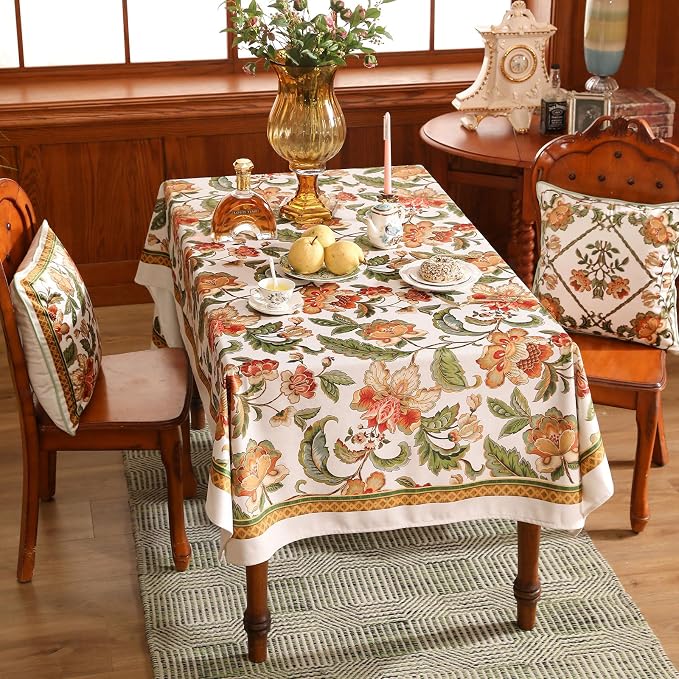 patdrea Vintage French Linen Tablecloth,Rectangular,87"x63"-Santiago A | Elegant Print Table Cloth for Rectangle Table,Colorful Floral Patterned,for Dining Room Tea Party Vender Banquet