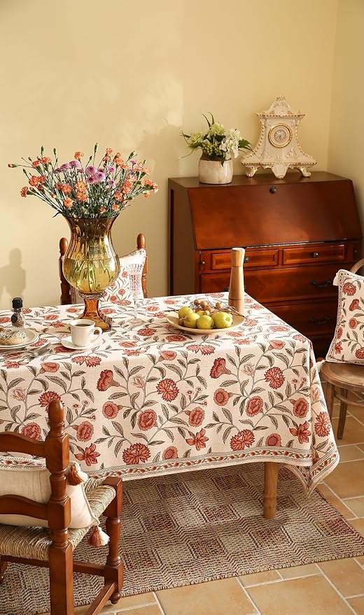 ISAENNE Designer French Linen Rectangular Tablecloth,79"x55"-Alvarado D | Vintage Elegant Beautiful Table Cloth for Rectangle Table,Orange Floral Pattern,Dining Room,Tea Party,Kitchen,Thanksgiving