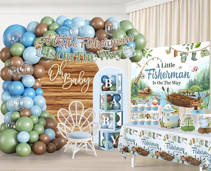 Fishing Baby Shower Decorations for Boy, All-in-one Fishing Party Decorations Includes Banner, Backdrop, Gone Fishing Balloon Arch, Cake Toppers, Tablecloth, Fisherman Welcome Baby Party Decor