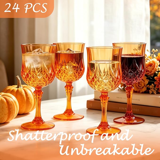 Plastic Wine Glasses, Plastic Goblets Vintage Style Cordial Unbreakable Drinking Glasses, Reusable Drinkware for Wedding Reception, Grand Event Party Supplies (24, Pumpkin orange)