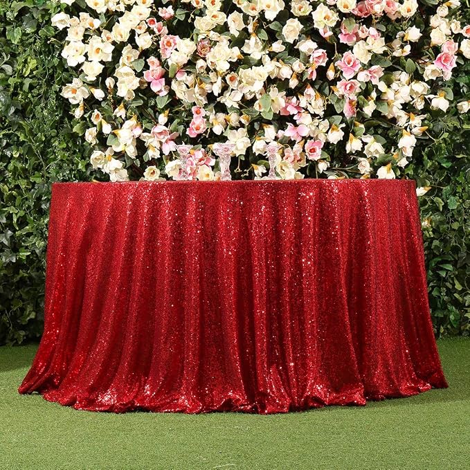 Poise3EHome 120-Inch Round Red Sequin Tablecloth for Christmas Party Cake Dessert Table Exhibition Events
