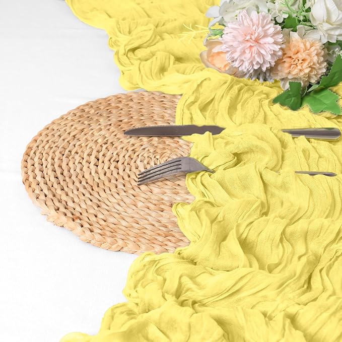 24 Pack Light Yellow Cheesecloth Table Runner 10FT Boho Gauze Cheese Cloth Table Runner Rustic Sheer Fabric Table Runners for Wedding Bridal Shower Baby Shower Party(21.5×120 Inch)