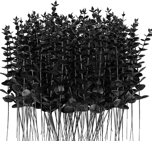 96 Pcs Black Eucalyptus Stems Faux Leaves Bulk Artificial Eucalyptus Stems with 15inch for Black Halloween Branches Decor Wedding Bouquet Centerpiece Home Decoration