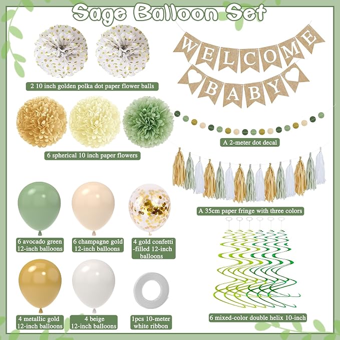 Sage Green Baby Shower Decorations Olive Green Balloon Garland Kit Welcome Baby Banner Balloons Pom Poms Flowers Tassels Circle Dots Star Garland for Gender Neutral Baby Shower Supplies