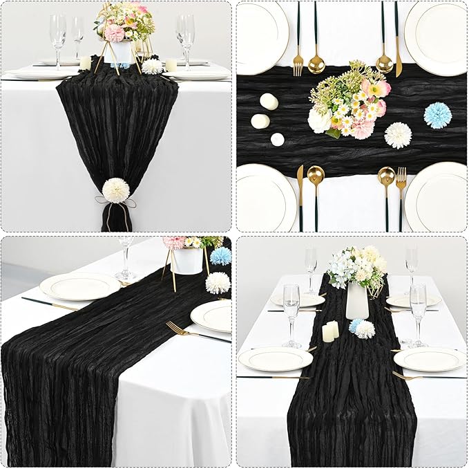 10 Pcs Black Cheesecloth Table Runner 10FT, Gauze Table Runner for Wedding Reception Sheer Bridal Shower Birthday Party Boho Table Decoration, Rustic Romantic Wedding Runner