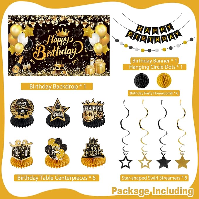 Happy Birthday Party Decoration Set: Including Birthday Banner Backdrop, Party Table Centerpieces and Hanging Swirl Party Streamers, Birthday Decor Suppliers for Men and Women (Black and Gold, Birthday Party)