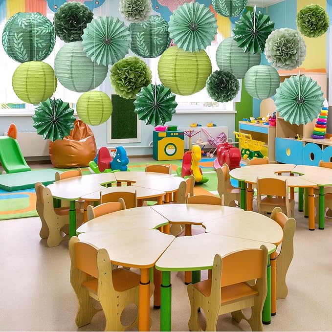 Soulchen 18 Pcs Greenery Classroom Decor Sage Green Paper Lanterns Set Classroom Ceiling Hanging Decorations Hanging Greenery Tissue Pom Poms Fans Decor for Neutral School Boho Birthday Party
