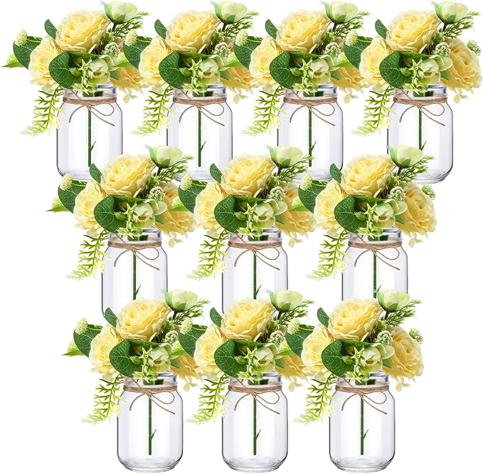 XunYee 10 Set Mason Jar Table Centerpiece with Flower Mason Jar Flower Centerpiece Vases Decor for Engagement Party Bridal Shower Wedding Reception Table Decor(Champagne,Gypsophila Rose)