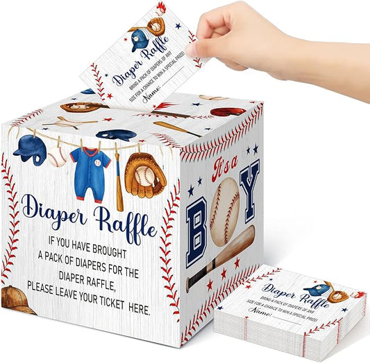 Teling 51 Pieces Diaper Raffle Tickets with Card Box Baby Shower Decorations Gender Reveal Holder Box for Girl Boy Diaper Raffle Party (Baseball, A Little Slugger is on the Way)