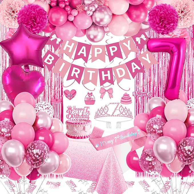 7th Birthday Decorations for Girls, Pink Party Decorations with Number 7 Balloon Happy Birthday Banner Bday Sash Crown Tablecloth Fringe Curtain Hanging Swirl for 7 Balloons for Bday Girl