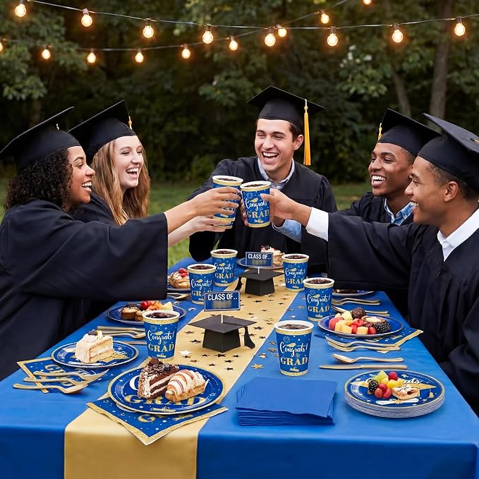 Domensi 400 Pcs 2026 Graduation Decorations Plates and Napkins and Cups Set Serve 50, Blue and Gold Graduation Party Supplies, Class of 2026 Paper Tableware 9oz Cup Knife Fork Spoon Congrats Grad