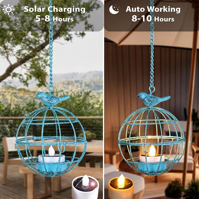 Outdoor Solar Hanging Lantern Lights, 4 Pack Rustic Ball Birdcage Hanging Candle Holder with Solar Tea Lights, Waterproof Chandelier for Tree, Pergola, Patio Decor (Vintage Blue)