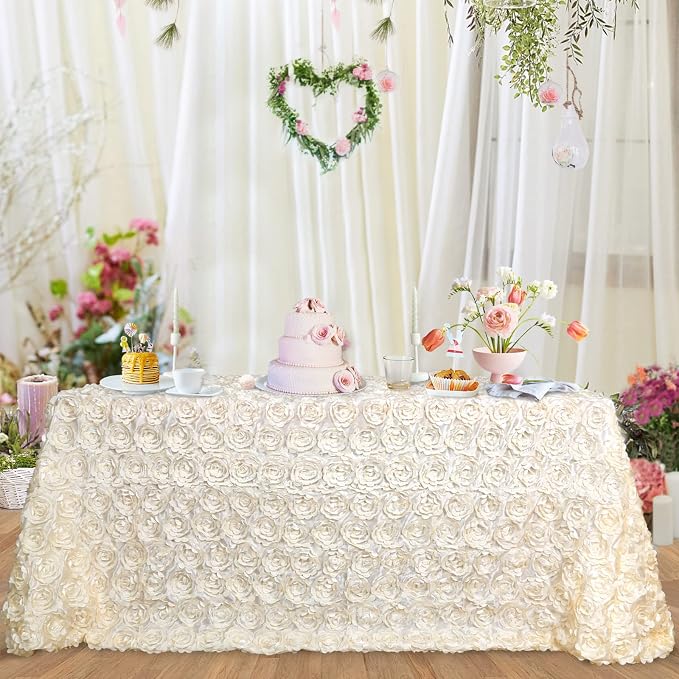 Ivory Rosette Tablecloth Wedding Decoration 50x80Inch Satin Tablecloth Flower Table Cover for Wedding Baby Shower Home Party Table Decoration