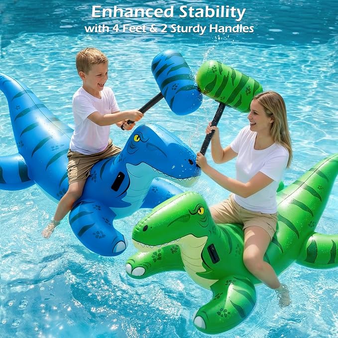 Jasonwell Pool Games Toys Floats -2Pack Inflatable Dinosaur Pool Floats with Blow Up Toy Hammers Ride on Pool Floaties for Kids Teens Adults Lounge Raft Summer Lake Beach Party Decorations