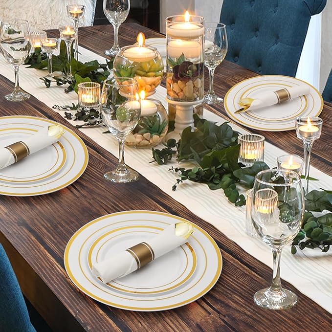 Goodluck 700 Piece Gold Plastic Dinnerware Set for 100 Guests, Disposable Plates for Party, Include: 100 Dinner Plates, 100 Dessert Plates, 100 Pre Rolled Napkins with Silverware, 100 Cups