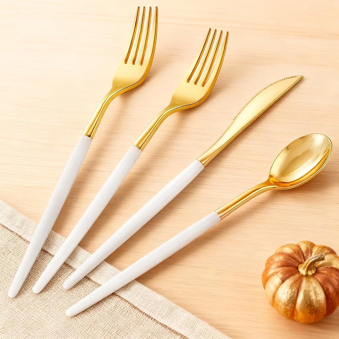 160Pcs White Gold Plastic Silverware Set, Disposable Gold Cutlery with 80 Forks, 40 Knives and 40 Spoons, Heavy Duty Utensils for Party, Wedding and Dinner
