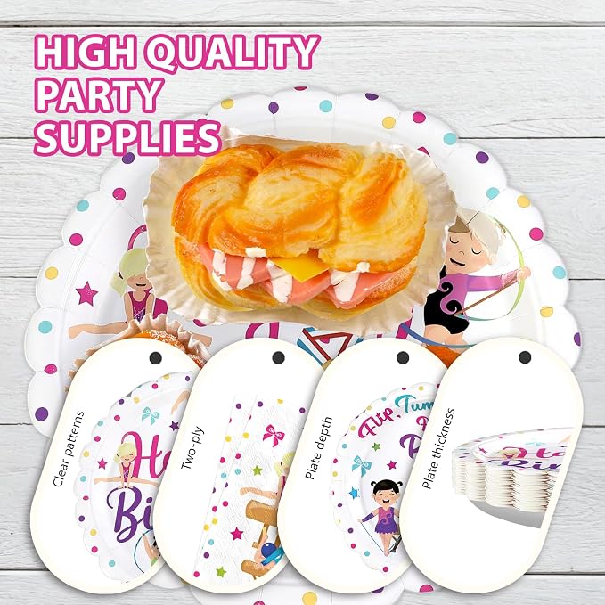 96Pcs Gymnastics Birthday Party Decoration Sports Theme Gymnasts Plates and Napkins Flip Jump Tumble and Play Tableware Set for Girls Gymnastic Birthday Baby Shower Party Supplies Serves 24