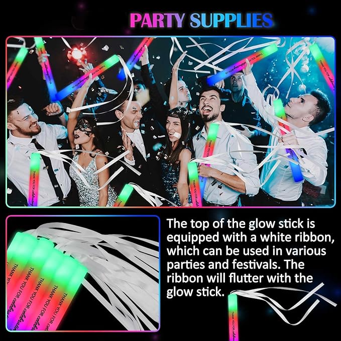 JellyArch 50 Pack Wedding Glow Sticks for Reception LED Foam Light up Sticks with Ribbon Light Stick Bulk with 3 Modes Colorful Flashing for Wedding Send off Party Favors, Dance Floor, Birthday