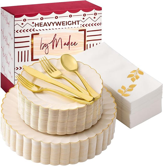 By Madee HEAVYWEIGHT 175 Pc Fancy Plastic Dinnerware Sets | Ivory Scalloped Plastic Plates with Gold Trim | Nice Plastic Plates Cutlery and Glam Napkins (50 Guests)