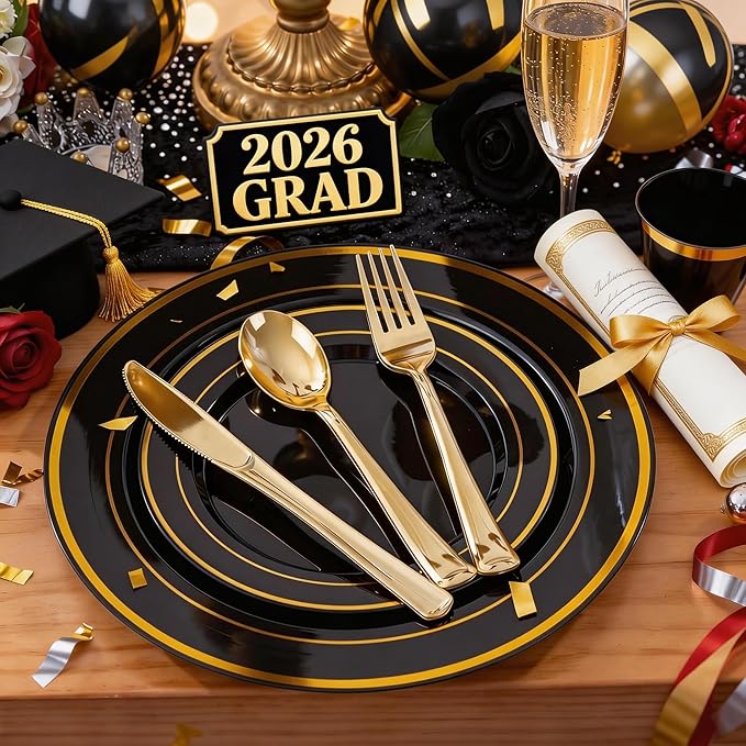 WELLIFE 210PCS Black and Gold Plastic Plates - Plastic Dinnerware Set for 30 Guests,Include 30 Dinner Plates, 30 Dessert Plates, 30 Black Cups 9 OZ, 30 Pre Rolled Napkins with Gold Silverware