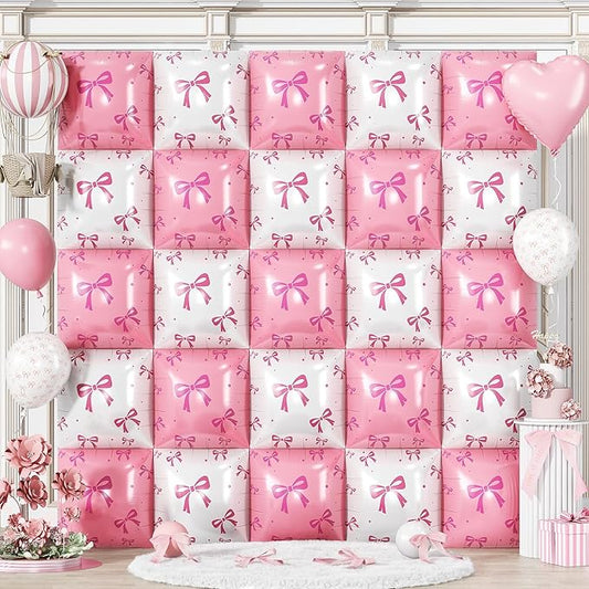 Pink and White Bow Square Foil Balloon Wall, 19 Inch 25Pcs Print Double Sided Baby Pink and Pearl White Balloon Backdrop Tunnel Arch Kit for Girls Women Birthdays Bridal Baby Shower Wedding